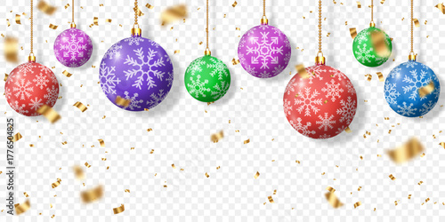 Vector Christmas balls with golden bright confetti isolated on transparent background. Christmas toys, balls png