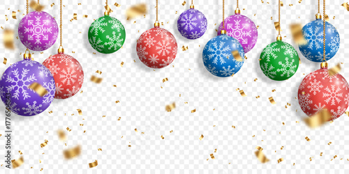 Vector Christmas balls with golden bright confetti isolated on transparent background. Christmas toys, balls png