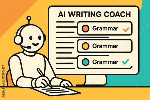 Friendly robot ai writing coach helping with grammar and text editing