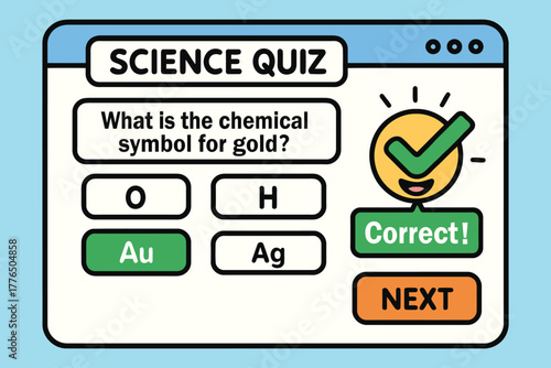 Science quiz question about chemical symbol for gold with correct answer highlighted