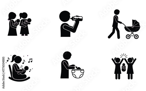 Baby care stick figure icons