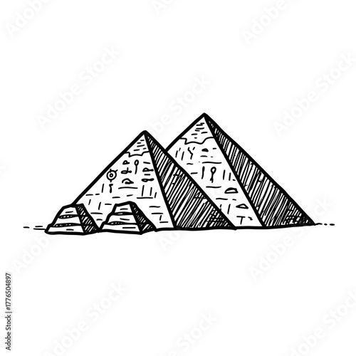 Hand drawn pyramids with hieroglyphs in black and white sketch style