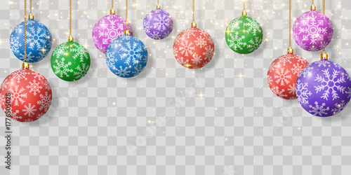 Vector Christmas balls with magical light dust isolated on transparent background. Christmas toys, balls png