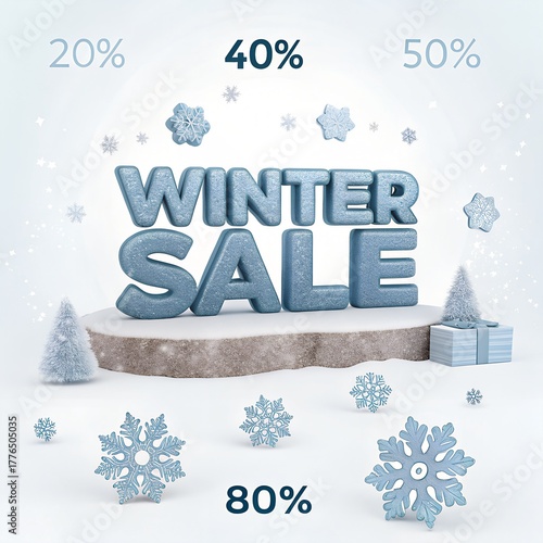 Creative Winter Discount Poster with Frosty WINTER SALE Letters and Floating Percentage Numbers in Snow, 3D Design Isolated on White Background