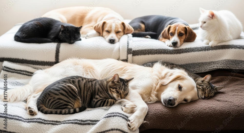 Obraz premium A large group of cats and dogs sleeping together on soft blankets. Animal friendship and coexistence for international animal rights day