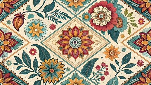 Vibrant floral pattern with rich earthy tones creates a warm, inviting atmosphere perfect for textiles or wallpaper designs with a boho chic vibe