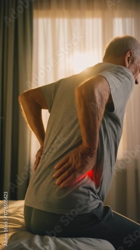 Elderly man sitting on bed experiencing back pain