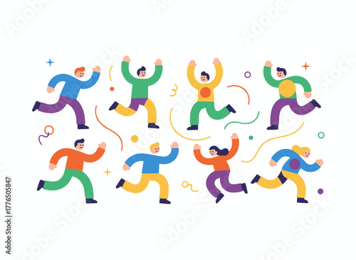 A lively crowd of people sprinting, a group of enthusiastic male and female shoppers racing to find deals, zealous fans pursuing someone, all depicted in a flat vector illustration on a white