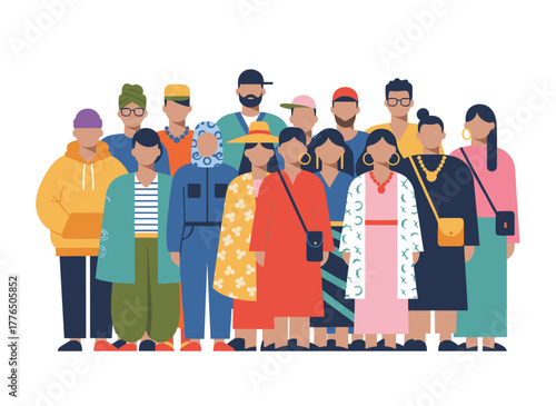 A bustling crowd of varied casual individuals strolling for various businesses and activities, featuring adults and children in motion, rendered as a colored flat vector illustration on a white
