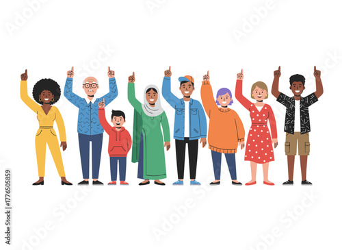 People gazing upward, pointing with their fingers; joyful men and women watching the sky, gesturing with hands, expressing positive emotions; flat vector graphics isolated on a white background
