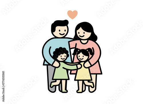 A loving family of father, mother, and two daughters standing together, cuddling, hugging, depicted as flat cartoon characters on a white background in a colored vector illustration