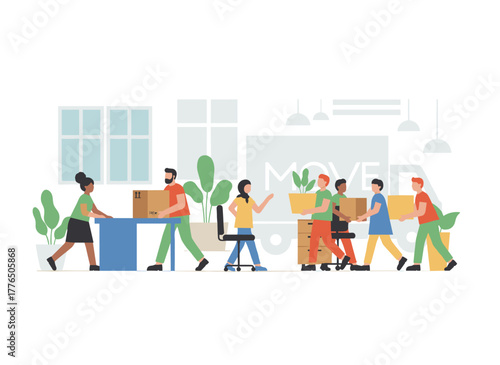 Concept of office relocation: employees with boxes moving to a new location, packing work supplies and miscellaneous items into cardboard boxes, illustrated as a flat vector on a white background