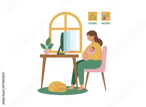 Adorable mother smiling while holding her baby, working at her home desk on a computer, balancing freelance work and motherhood in a flat cartoon vector style