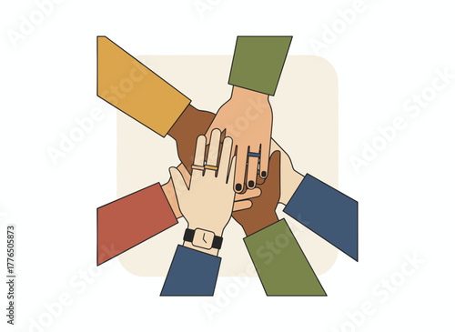 Illustration of diverse hands joining together, symbolizing cooperation, unity, teamwork, partnership, agreement, and community in a flat cartoon vector style