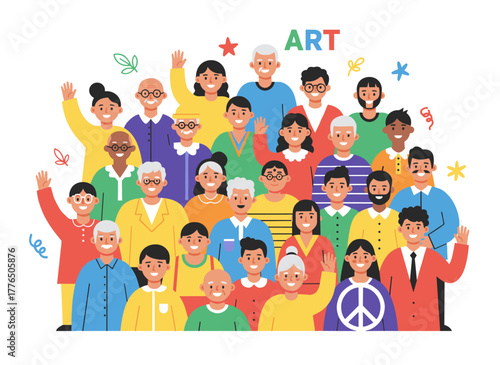 A flat cartoon vector illustration of a diverse, multiethnic or multinational group of people—elderly and young, men, women, and children—standing together against a white background, representing