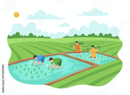 Illustration of smiling Indian farmers in a paddy field, with a man and woman in traditional attire harvesting, depicting male and female agricultural workers in a plantation setting
