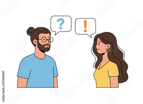 A young couple conversing, while people from diverse backgrounds communicate positively, depicted in a flat vector cartoon with speech bubbles against a white background
