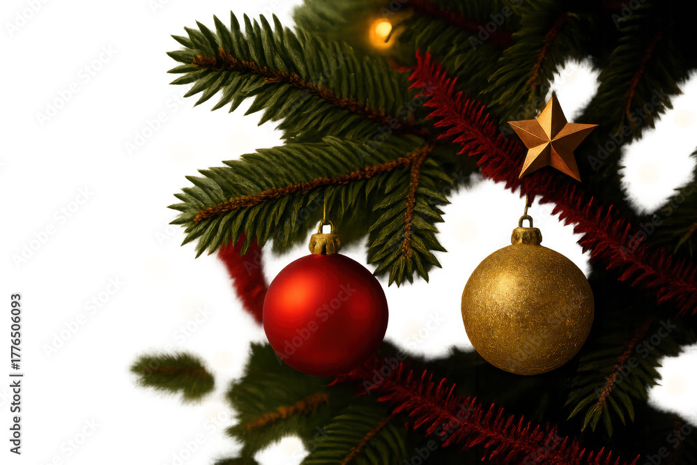 Fototapeta premium Christmas tree branch decorating festive holiday season with red and gold baubles, star and garland, transparent background