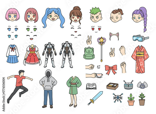 A flat cartoon vector illustration of a schoolgirl DIY kit, featuring isolated body parts, facial expressions, and uniform in front, side, and back views against a white background