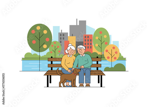 An older couple enjoys a park date, sitting on a bench with smiles, spending time together as happy grandparents, depicted in a flat cartoon vector illustration