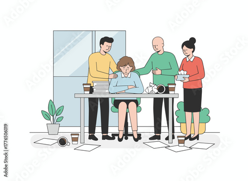 A stressed woman missed her deadline as angry colleagues hovered over the creative worker, pressuring and criticizing, adding restrictions and conflicting tasks, depicted in a flat vector