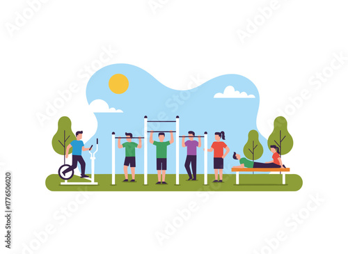 A flat vector illustration of an outdoor street workout park where people train and exercise, featuring equipment and facilities for cardio, strength, stretching, and other physical activities