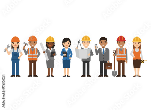 A flat cartoon vector illustration of a cheerful group of industry or construction workers and engineers, both male and female, standing together in hard hats and uniforms