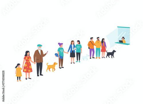 A large queue of many people, including tourists, refugees, men, women, and children, waiting in a long line from a rear view, illustrating a migration concept in a flat vector style on a white