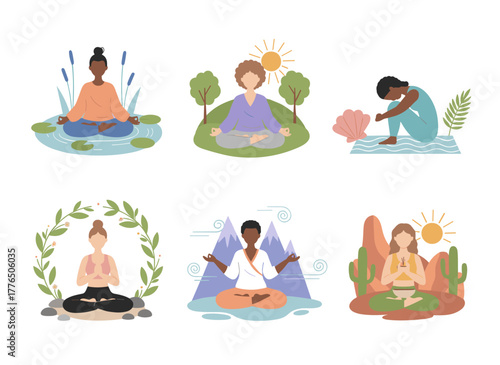 Illustration of calm women meditating in a lotus pose with closed eyes and crossed legs, embodying zen and harmony, presented as a colored flat vector on a white background