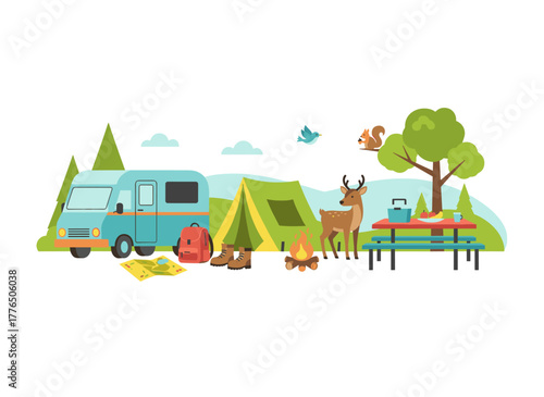 A flat graphic vector illustration on a white background featuring a set of camping and hiking gear, summer travel and picnic supplies, tourism and adventure accessories, a camera, a holiday