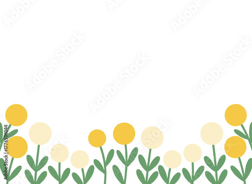 A horizontal botanical background framed by delicate blooming yellow flowers, featuring a flat vector illustration of flowers set against a white backdrop