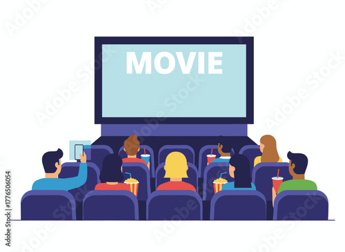 A cheerful family sits in a cinema, with parents and kids watching a movie together from a front view, depicted as a colored flat cartoon vector illustration