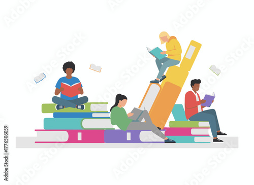 Youthful, fashionable readers—both men and women—wearing trendy clothes sit atop or beside a towering stack of books, engrossed in reading, embodying literature enthusiasts in a modern colored vector