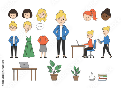 Animation kit featuring a female secretary or office assistant, comprising isolated body parts, gestures, postures, and clothing on a white background, presented in front, side, and back views as a
