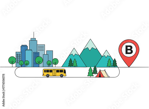A monochrome banner design featuring a bus traveling from the departure point to a forest camp destination, illustrating tourist transport services in line art vector style
