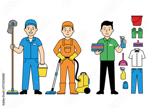 Illustration of a cleaning service worker, featuring a set of janitor body parts, gestures, uniform, clothing, equipment, and a floor polisher, all isolated on a white background
