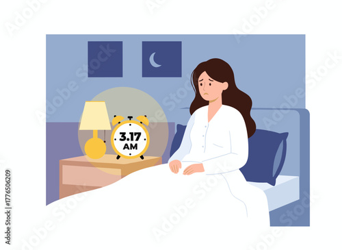 An exhausted woman lies on her bed, staring at an alarm clock during the night, struggling with insomnia and sleeplessness, depicted as a flat cartoon vector illustration