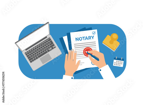 A horizontal blue web banner advertising notary services, featuring hands signing legal documents with a seal or stamp, and space for text, rendered in colorful flat vector style