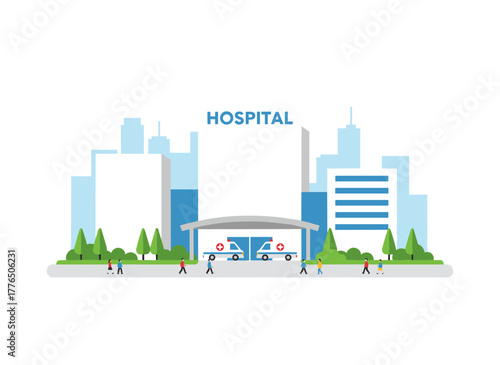 A contemporary public hospital or clinic with ambulances and patients, shown as a colored flat cartoon vector illustration on a white background