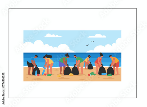 Cartoon man and woman volunteers gather trash into bags while colorful people clean the beach from pollution, forming an active seaside cleanup and an ecological protection movement