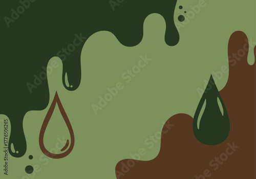 Abstract liquid art with dripping elements and camouflage pattern backdrop