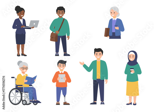 A flat cartoon vector illustration featuring a diverse group of business professionals, entrepreneurs, and male and female office workers of various ethnicities and ages, set against a white