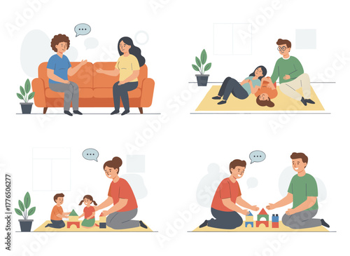 A flat cartoon vector illustration depicting a group of men, women, or married couples seated on chairs or lying on a sofa, talking to a psychotherapist or psychologist, illustrating group or family