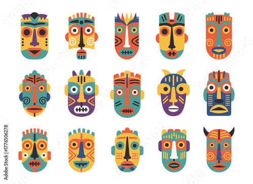 A set of traditional ritual or ceremonial masks from Africa, Hawaii, or the Aztecs, shaped like human faces or animal muzzles, presented on a white background as a flat, colorful cartoon vector