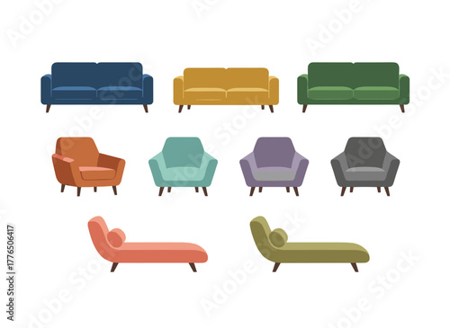 A modern collection of stylish sofas, chairs, armchairs, ottomans, and couches featuring retro mid‑century cushions, presented as a colored flat vector illustration on a white background