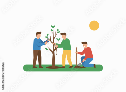 Illustration of a couple planting and tending to trees, featuring a man and woman with seedlings, cultivation, and harvest, all set against a white background, emphasizing collaboration and