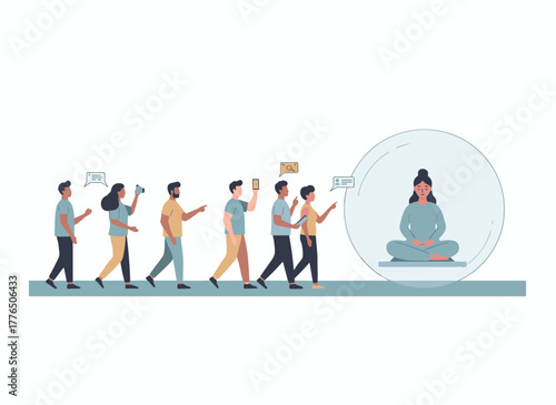 A young woman inside a clear glass bubble surrounded by a crowd, illustrating social isolation and solitude in a bright flat cartoon vector style