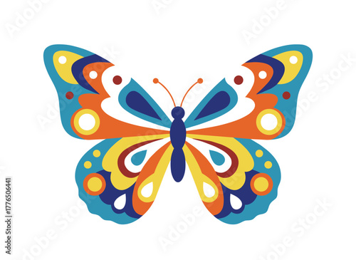 A tropical, elegant butterfly with colorful wings and antennae, depicted in a flat, textured vector illustration from a top view, isolated against a white background, exuding a gorgeous exotic spring