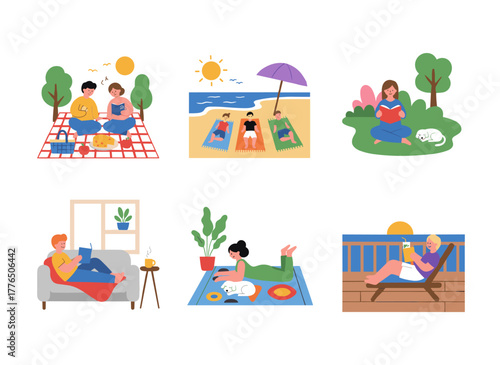 A flat vector illustration set depicting hot summer recreation both outdoors and indoors: a couple picnicking in a park, sunbathing on a sandy beach, a man reading a book at home, and people enjoying