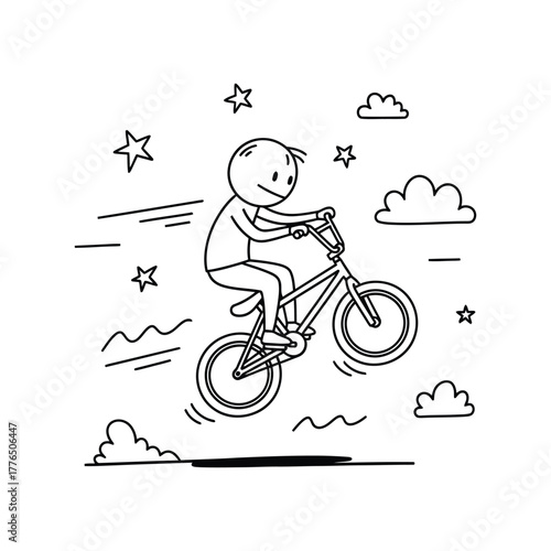 A stick figure is performing a bike stunt with stars and clouds around, a dynamic black and white illustration